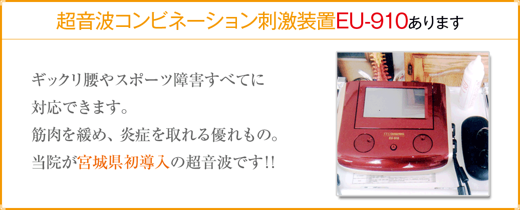 最新の超音波コンビネーション刺激装置EU-910あります/ギックリ腰やスポーツ障害すべてに
対応できます。筋肉を緩め、炎症を取れる優れもの。当院が宮城県初導入の超音波です!!